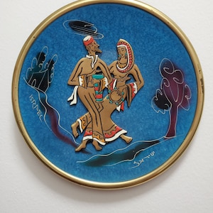 VERY RARE Vintage Israeli Copper Hand Painted Decorative Disc, one of a kind