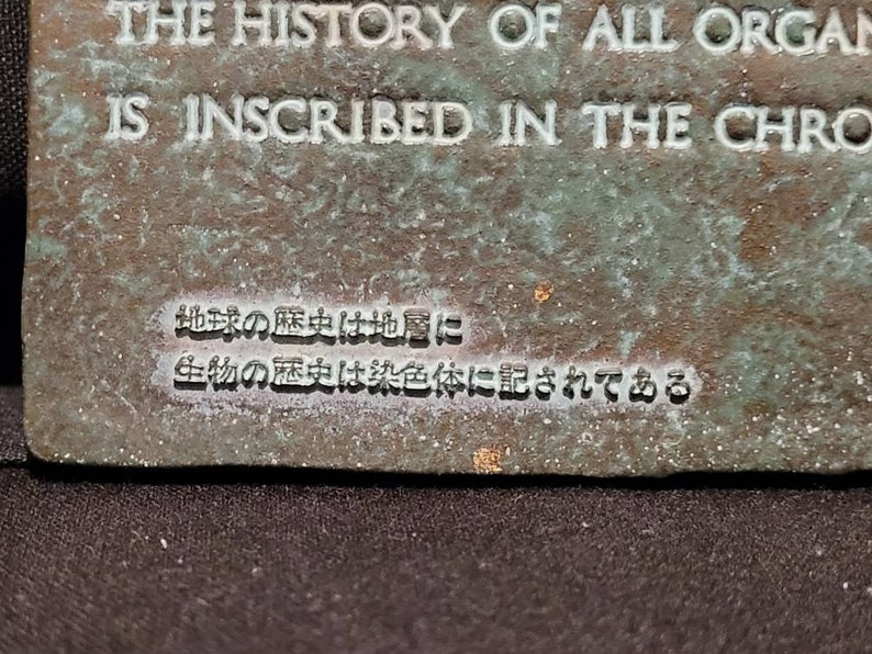 Op de afbeelding: Een close-up van een bronzen plaquette met de tekst "THE HISTORY OF ALL ORGAN IS INSCRIBED IN THE CHRO" en Japanse tekst die vertaalt naar "De geschiedenis van de aarde ligt in de lagen, de geschiedenis van het leven is vastgelegd in de chromosomen."