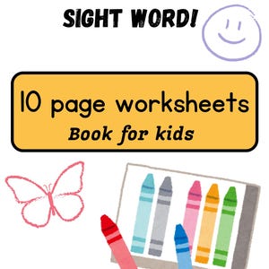 Op de afbeelding: Een werkboek voor kinderen met de tekst "Trace and Write the Sight Word!" en "10 page worksheets Book for kids". De afbeelding bevat een tekening van een vlinder, kleurpotloden en een smiley.