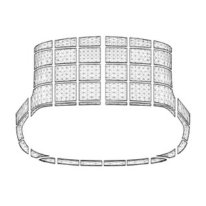 Op de afbeelding: Een zwart-witte lijntekening van een gebogen, geometrische structuur die is opgebouwd uit veel kleine vierkanten. De structuur lijkt op een groot, openluchtstadion of arena.