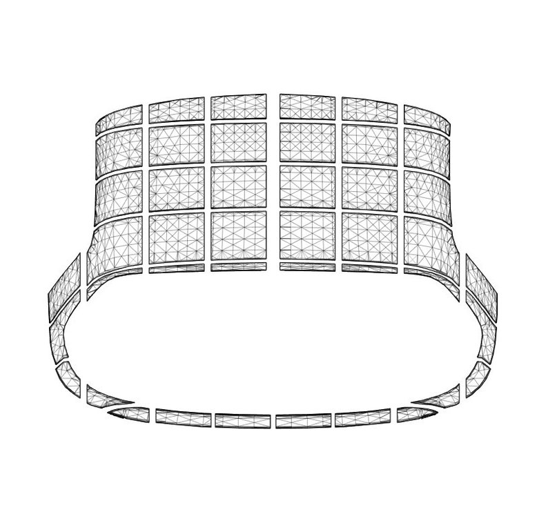 Op de afbeelding: Een zwart-witte lijntekening van een gebogen, geometrische structuur die is opgebouwd uit veel kleine vierkanten. De structuur lijkt op een groot, openluchtstadion of arena.