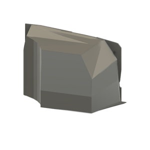 May include: A gray, geometric-shaped object with multiple facets and sharp angles. The object has a modern, abstract design, with a matte finish. The overall shape is reminiscent of a stylized rock or crystal formation.