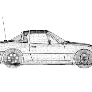 Op de afbeelding: Een draadmodel-illustratie van een zilveren cabriolet sportwagen met een zwart dak. De auto wordt van de zijkant bekeken en heeft een zwarte antenne.