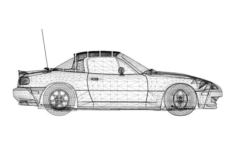 Op de afbeelding: Een draadmodel-illustratie van een zilveren cabriolet sportwagen met een zwart dak. De auto wordt van de zijkant bekeken en heeft een zwarte antenne.