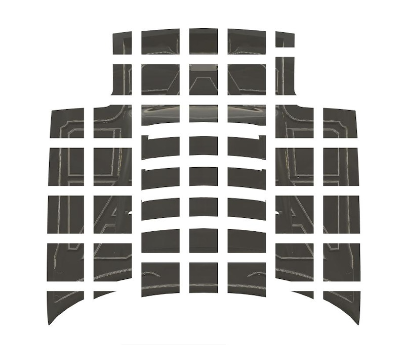 K&ouml;nnte beinhalten: Ein abstraktes Schwarzwei&szlig;-Design mit einem Gittermuster. Das Design besteht aus Quadraten und Rechtecken, und die Linien sind geschwungen und flie&szlig;end.