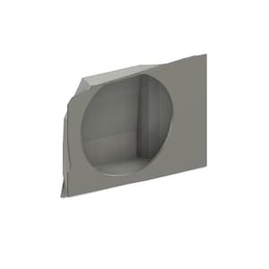 May include: A gray, geometric, three-dimensional object with a circular opening. The object has a box-like structure with a cut-out circle on one side, and is set against a white background.