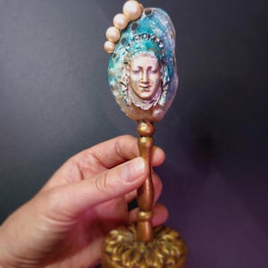 Mini Sculpture Mixed Media  — Shell Pedestal with Cameo Face, Teal & Bronze, Tabletop Art