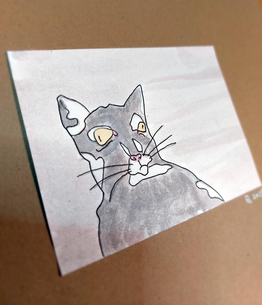 オリジナルドローイングアート サイン入り 3 x 4インチ 猫 - Etsy 日本