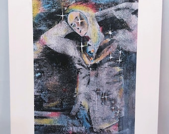 May include: A rectangular art print featuring a textured, dark-toned illustration of a figure with arms raised behind their head. The artwork includes vibrant rainbow-coloured highlights, multiple white star-shaped accents, and the text EL 2026.