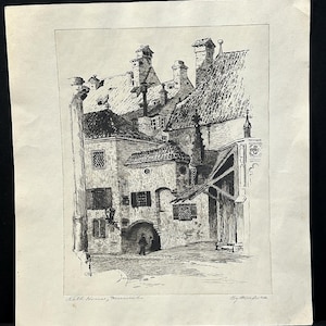 May include: Black and white etching of a European town scene. The artwork depicts buildings with detailed rooftops, chimneys, and arched doorways. The print includes the text "Kath. Houses, Munich" and the artist's signature.