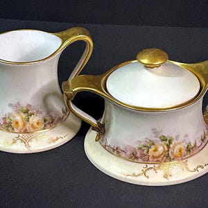 LIMOGES T-V France Sugar Bowl and Creamer White Pink Roses & Nugget Handles