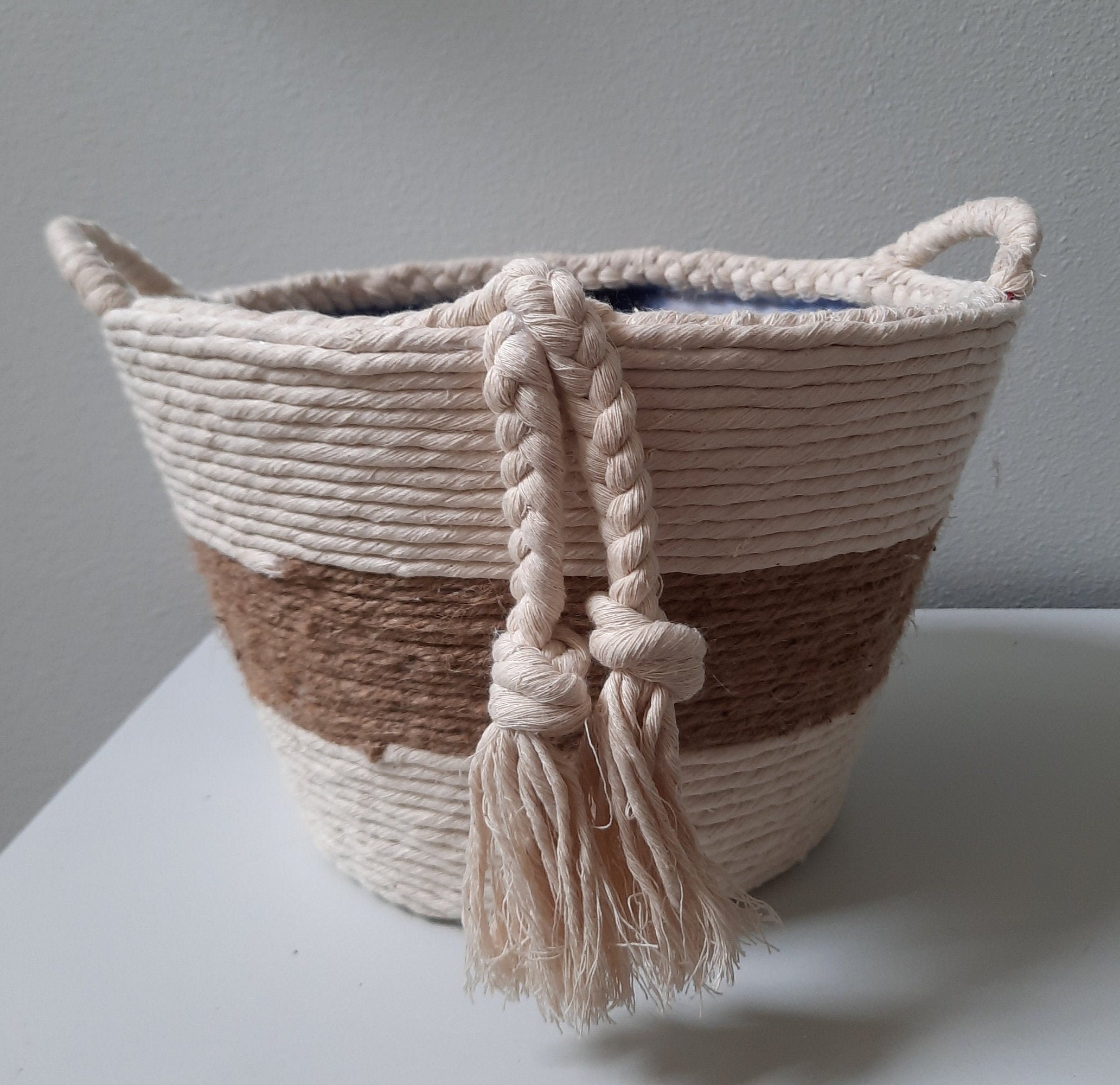 Beautiful accent basket and storage macrame rope wrapped Etsy