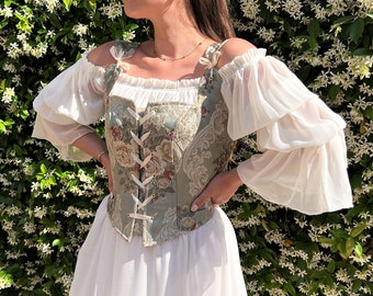 Renaissance Corset Bodice Stays, Ren Fair Corset, Handmade Overbust/Underbust, Cosplay Medieval Corset, Green Floral Corset, CottageCore