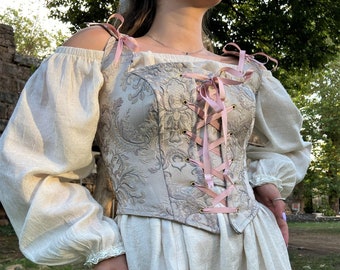 Renaissance Corset Bodice Stays in Gray and Blue, Victorian Corset Stays, Cottage Core, Floral Medieval Corset, Halloween Cosplay Corset