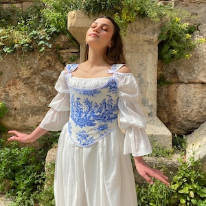 Renaissance Corset Bodice in Blue and White, Ren Fair Corset, Elizabethan Corset Stays, Cosplay Medieval Corset, Corset Top, Cottagecore
