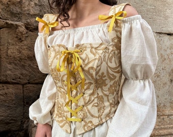Renaissance Corset, Peasant Bodice, Ren Fair Corset, Corset Stays, Handmade Medieval corset, Overbust / Underbust, Gold Color Corset Top