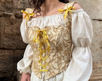 Corsetto rinascimentale fatto a mano: corpetto contadino dorato, costume della fiera di Ren