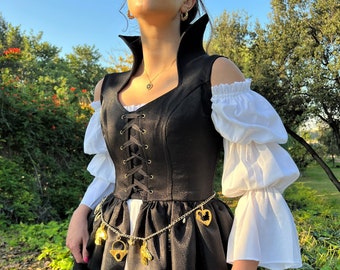 Vestido renacentista sedoso satinado brillante / vestido de cosplay medieval / pirata, disfraz de vampiro / vestido de corsé renacentista / vestido negro de Halloween