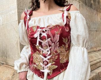 Burgundy Renaissance Corset: Floral Peasant Bodice, Ren Fair Costume