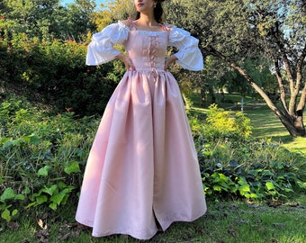 Helles seidiges Renaissance-Kleid | Mittelalterliches Brautkleid | viktorianischen, elisabethanischen | Renaissance-Korsett-Kleid | Rosa Grün Schwarz Optionen