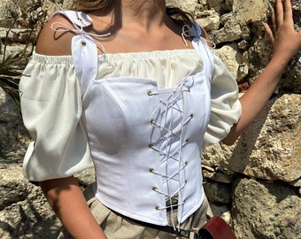 Renaissance Corset Peasant Bodice, Ren Fair Corset, Corset Stays, Shapewear Vintage Clothing, Handmade Corset Bustier, White Medieval corset