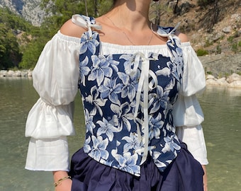 Renaisaance Corset, Blue and Snow White Costume Stays GoblinCore Medieval Corset Top Navy, Floral Corset Stays, Blue Corset With Flowers