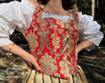 Renaissance Corset Bodice Stays in Red and Gold Paisley Jacquard, Ren Faire Corset, Medieval corset, Costume Halloween, Overbust/Underbust