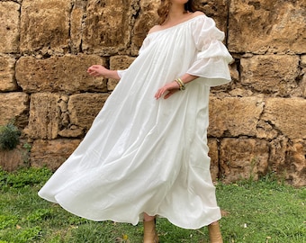 Cotton Silky Renaissance Dress | Renaissance Chemise | White Dress Vintage Nightgown | Puff Sleeve Off the Shoulder | Cotton Lining Dress