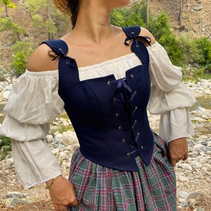 Renaissance Corset Peasant Bodice, Navy Blue Corset, Straps Festival Corset, Overbust Made to Measure, Medieval Corset, Halloween Costume