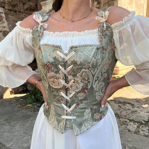 Renaissance Corset Bodice Stays, Ren Fair Corset, Handmade Overbust/Underbust, Cosplay Medieval Corset, Green Floral Corset, CottageCore image 2