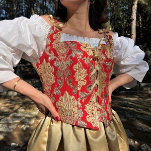 Renaissance Corset Bodice Stays in Red and Gold Paisley Jacquard, Ren Faire Corset, Medieval corset, Costume Halloween, Overbust/Underbust
