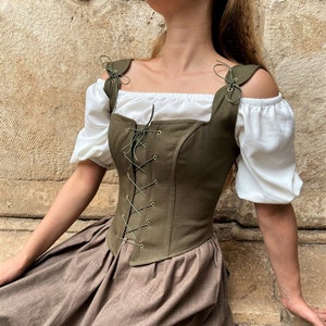 Corsé Top Renacimiento, Corpiño campesino, Corsé Ren Fair, Corsé Overbust/Underbust hecho a mano, Disfraz de Halloween, Estancias de corsé medieval verde