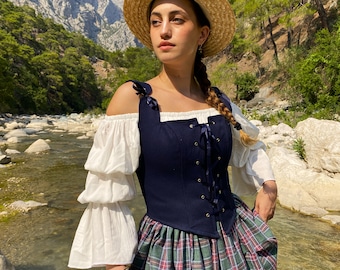 Navy Blue Renaissance Corset Bodice: Overbust Peasant Top, Halloween Costume
