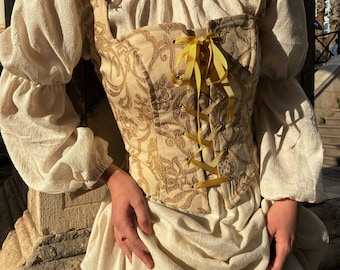 Handmade Renaissance Corset: Gold Peasant Bodice, Ren Fair Costume