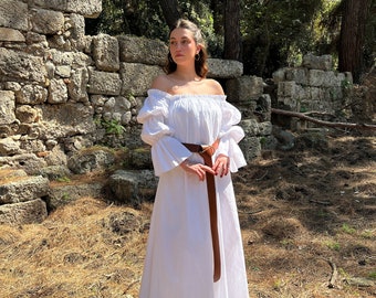 Renaissance-Kleid aus Baumwolle | Hemdbluse mit Puffärmeln, schulterfrei | Weiß, Schwarzes Milchmädchenkleid