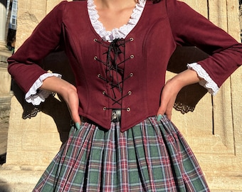 Chaqueta de corsé renacentista burdeos: conjunto de falda a cuadros histórica
