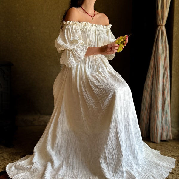 Cotton Renaissance Milkmaid Dress: Ruffle Short Sleeve Chemise