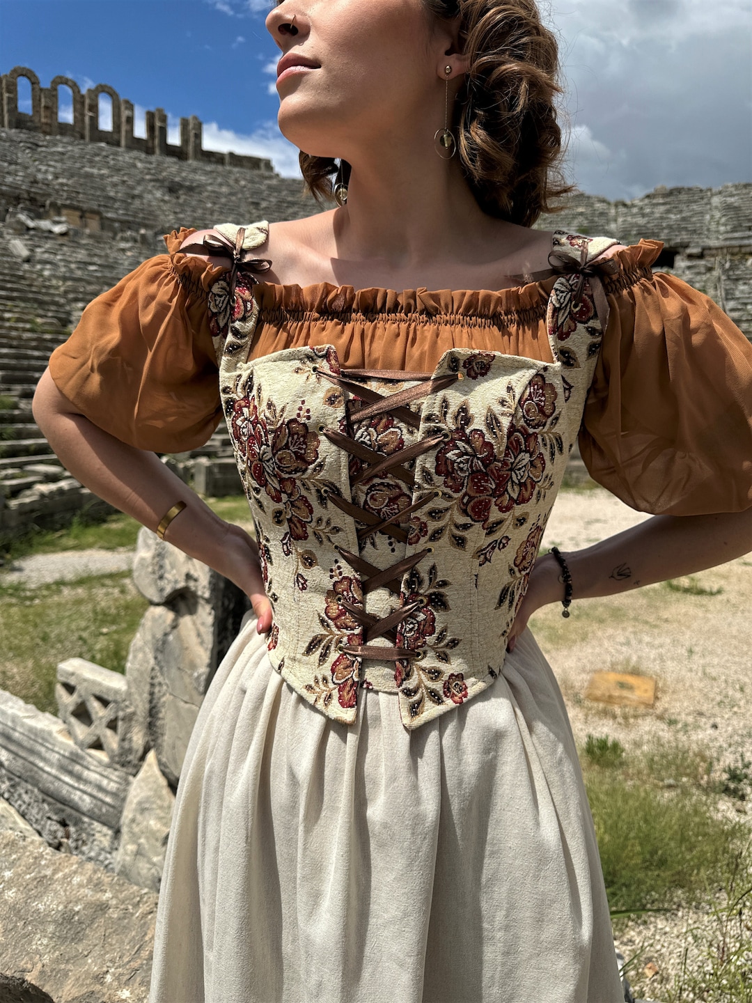 renaissance dress embroidered cotton linen under $100 Women's Oversized Nightgown whether youre bound for the beach Cotton Period Dress and Vest
