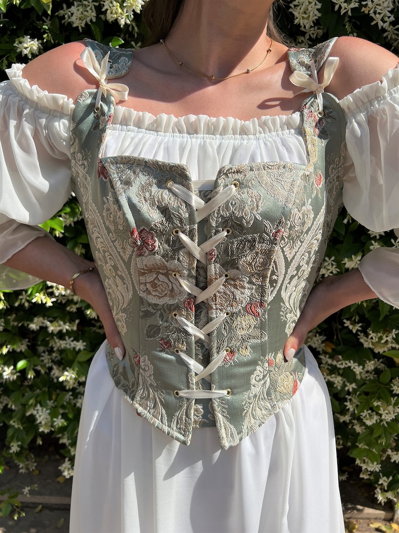 Renaissance Corset Bodice Stays, Ren Fair Corset, Handmade Overbust/Underbust, Cosplay Medieval Corset, Green Floral Corset, CottageCore image 7