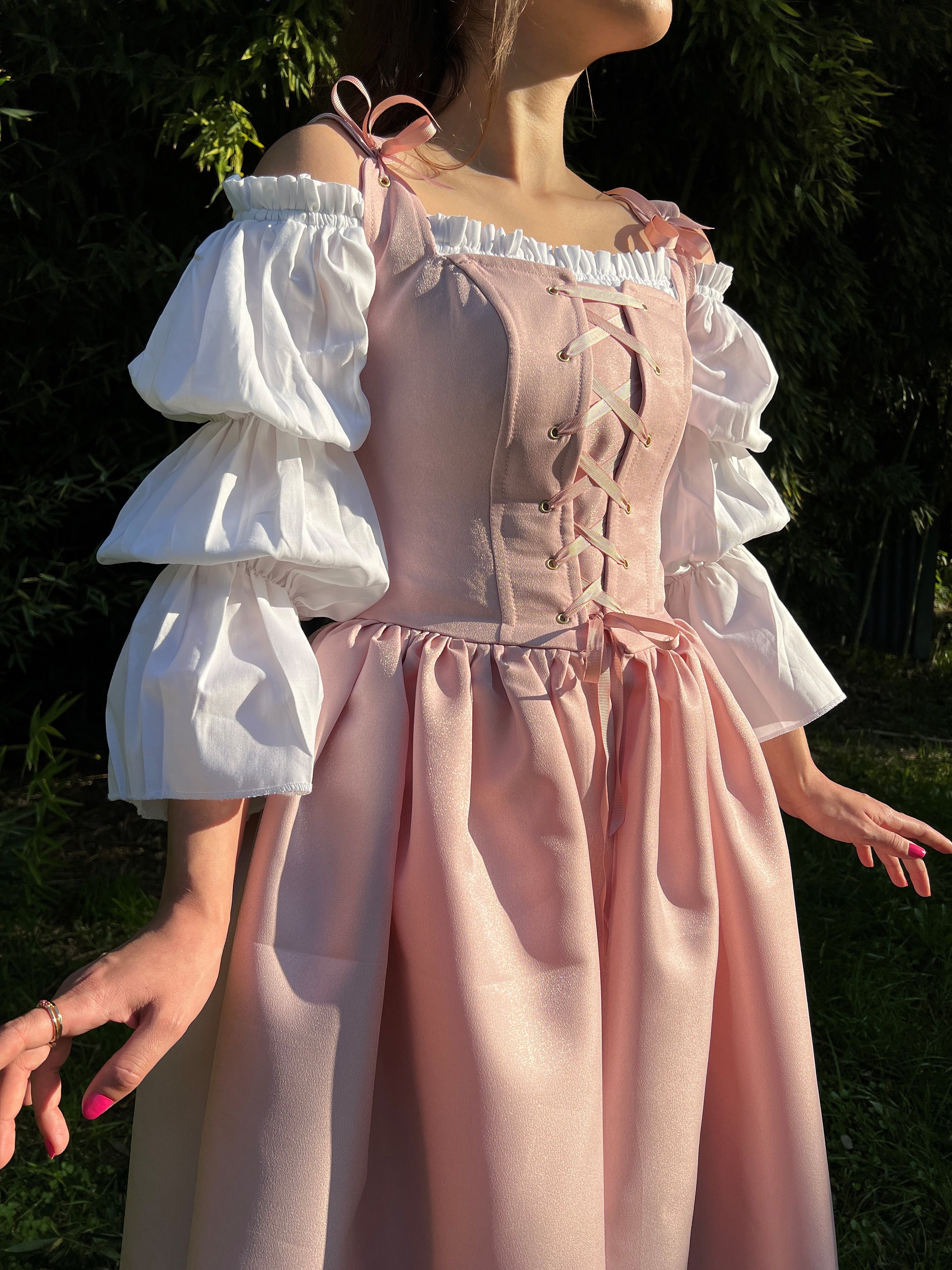 medieval dress with corset for sale Satin Renaissance Corset Dress: Medieval Wedding Gown, Pink Green Black