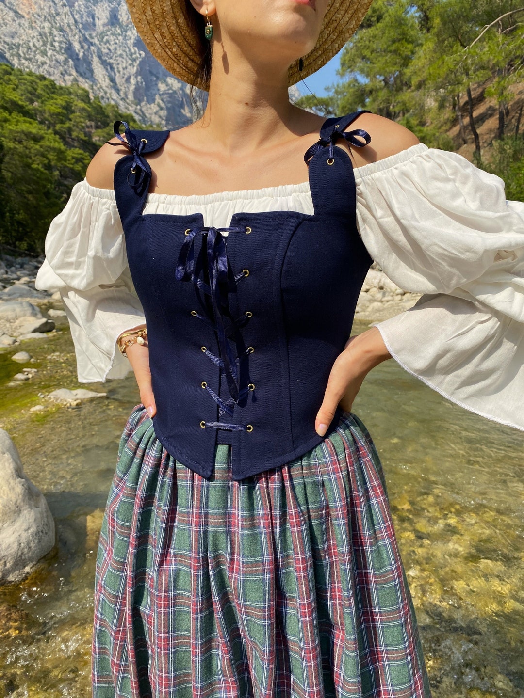 Renaissance Corset Peasant Bodice, Navy Blue Corset, Straps Festival Corset, Overbust Made to Measure, Medieval Corset, Halloween Costume