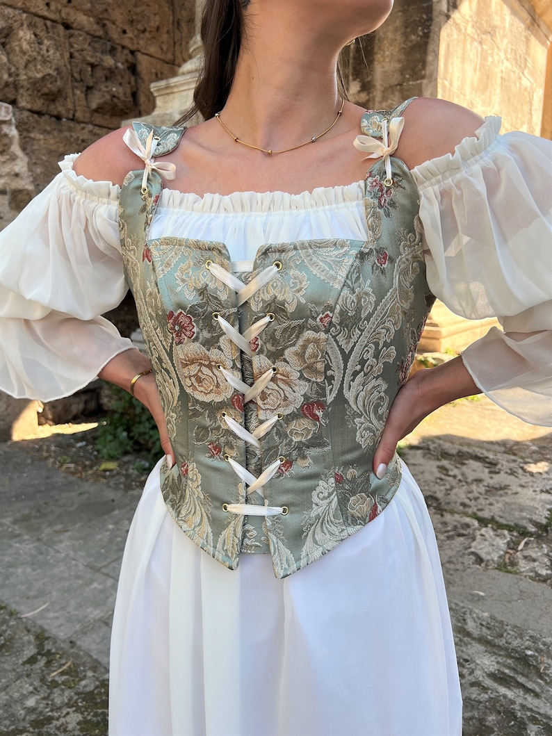 Renaissance Corset Bodice Stays, Ren Fair Corset, Handmade Overbust/Underbust, Cosplay Medieval Corset, Green Floral Corset, CottageCore image 2