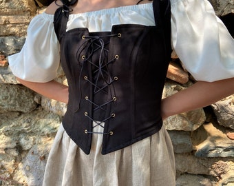 Renaissance Corset Peasant Bodice, Ren Fair Corset, Corset Stays, Shapewear Vintage Clothing, Handmade Corset Bustier, Black Medieval corset