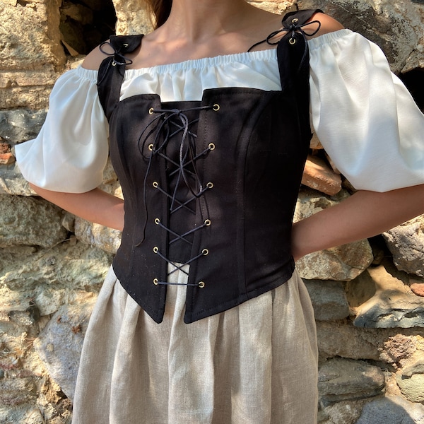 Renaissance Corset Peasant Bodice, Ren Fair Corset, Corset Stays, Shapewear Vintage Clothing, Handmade Corset Bustier, Black Medieval corset