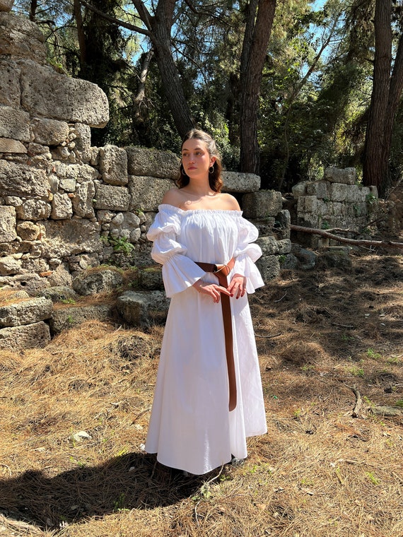 Cotton Renaissance Dress | Puff Sleeve Chemise, Off-Shoulder | White, Black Milkmaid Dress
