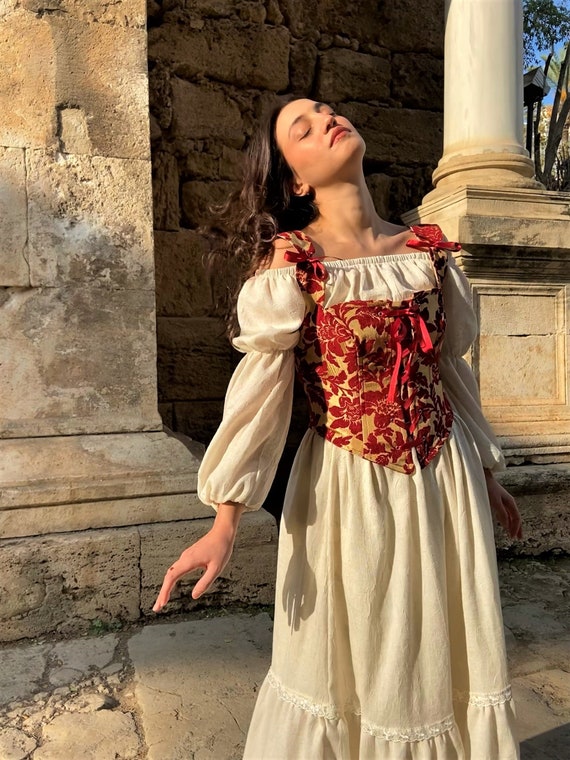 Renaissance Corset Bodice Stays in Red Maroon and Gold, Ren Fair