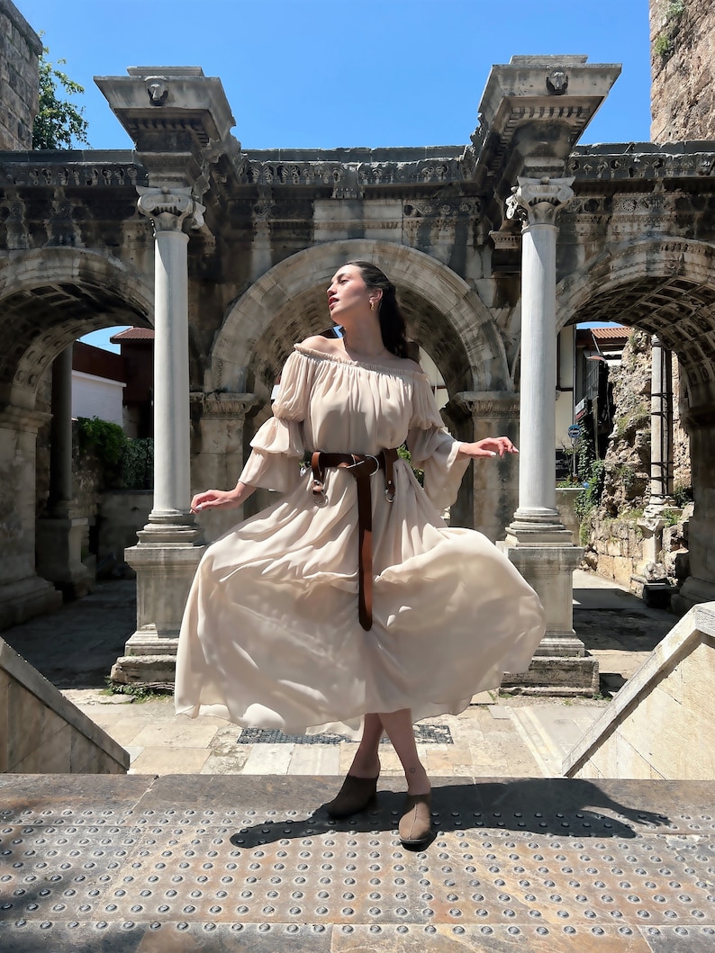MORE COLORS Chiffon Silky Renaissance Dress Renaissance Chemise Vintage Nightgown Puff Sleeve Off the Shoulder Cotton Lining Dress image 2