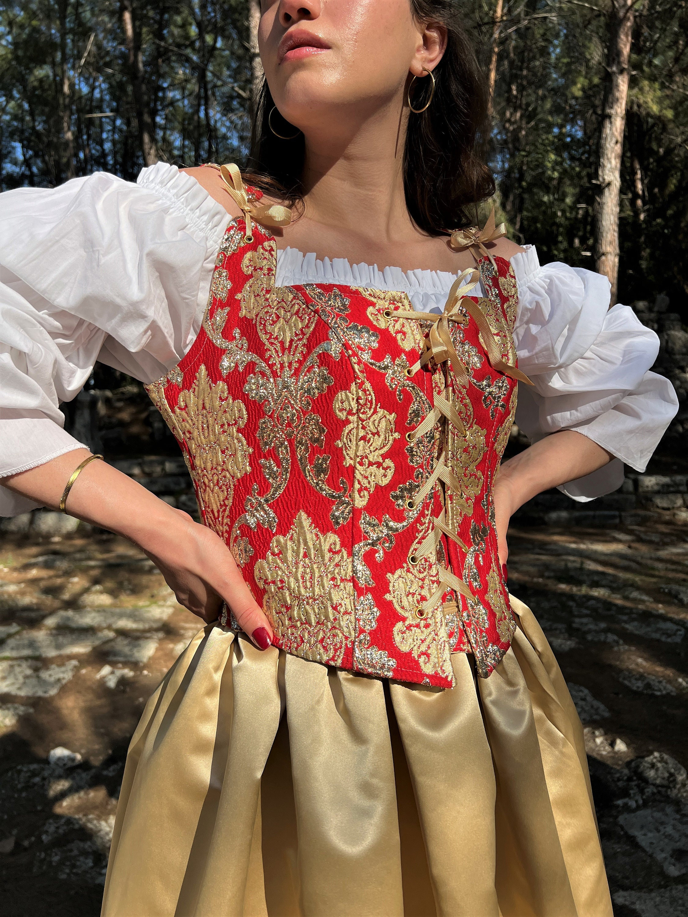 Red & Gold Paisley Jacquard Corset: Renaissance Bodice Stays