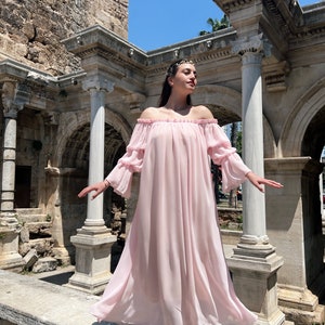 MORE COLORS Chiffon Silky Renaissance Dress Renaissance Chemise Vintage Nightgown Puff Sleeve Off the Shoulder Cotton Lining Dress image 4