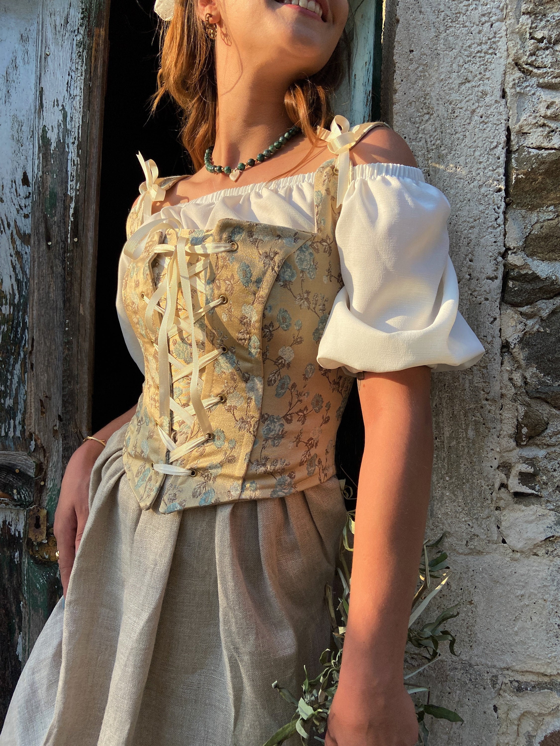 Corset Renaissance Zooma Floral Ruched Avec Manches - Bustier Élégant Dentelle